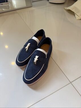 Women’s Navy Suede Slip-On Loafers with White Trim